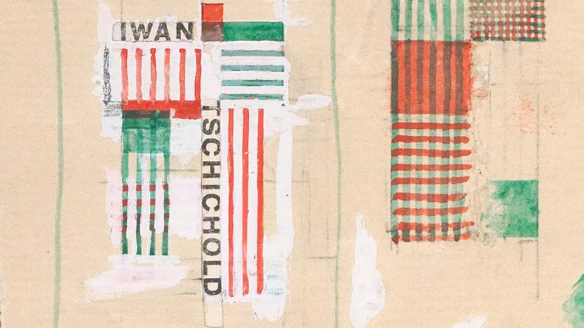 Entwurf eines Exlibris „Iwan Tschichold“ mit Bleistift, grüner und roter Aquarellfarbe und Korrekturflüssigkeit 