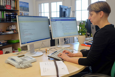 Eine Mitarbeiterin der Deutschen Nationalbibliothek in Leipzig bei der PC-gestützten Katalogisierung eines Buches; der zweite Bildschirm gewährt ihr ständigen Einblick in das Toolkit des Regelwerks „Resource Descripton and Access“