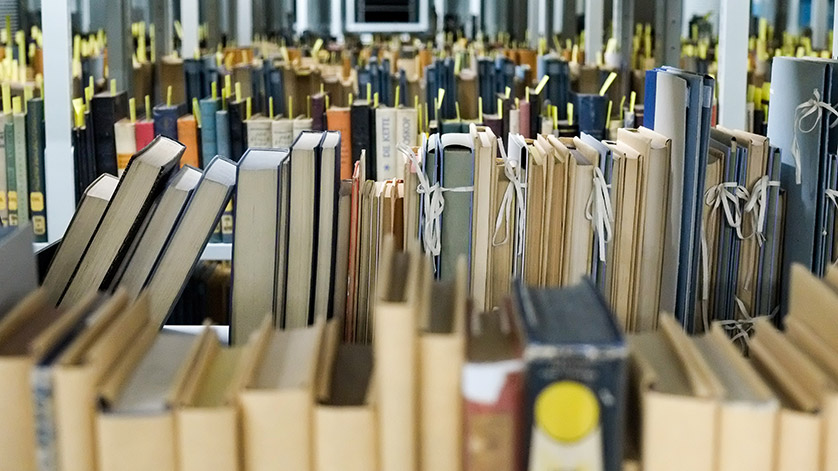 Books prepared for the digitisation workflow in the stacks of the German National Library in Frankfurt am Main.