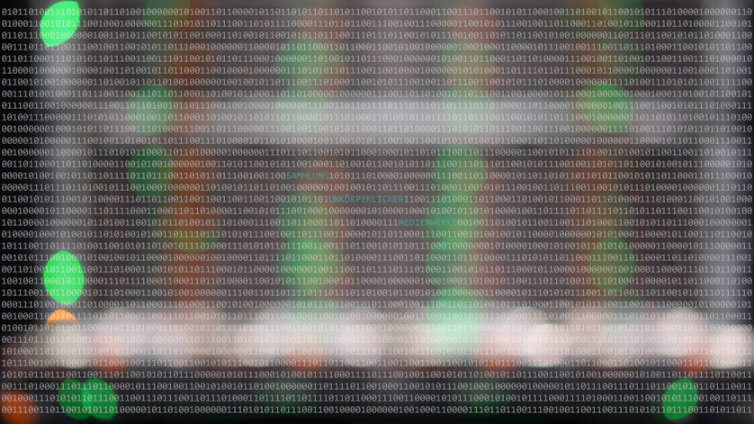 Series of numbers consisting of zeros and ones over blurred green and red lights