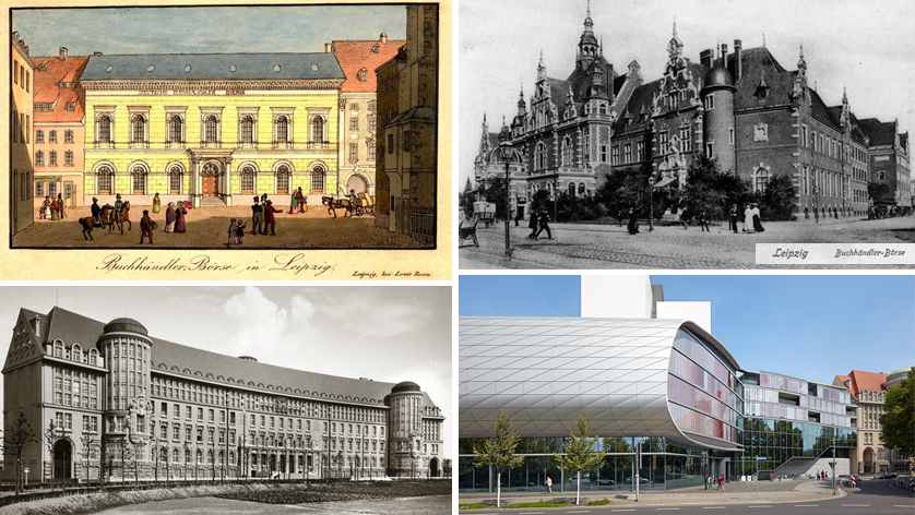 Collage of four different images of a building. Image 1: Buchhändlerbörse (Hall of the Book Traders), approx. 1850, Image 2: Deutsches Buchhändlerhaus (Book Traders House), no date given. Image 3: Deutsche Bücherei, 1916, Image 4: German Museum of Books a