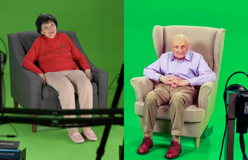 Photo collage, on the left Inge Auerbacher, on the right Kurt S. Meier; each sitting in an armchair