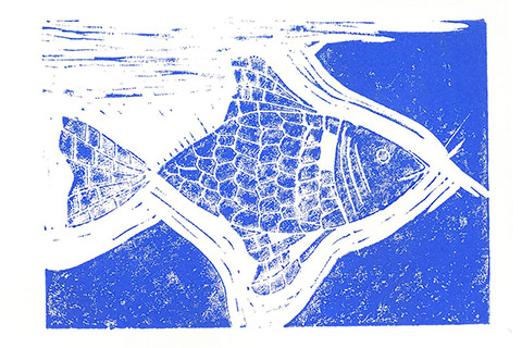 Blue linocut featuring a fish design