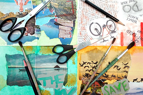 Scissors, brushes and pencils lying on snippets of coloured pictures