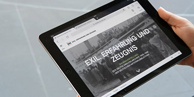 Homepage of the German National Library’s virtual exhibition “Exile. Experience and Testimony” displayed on a tablet.