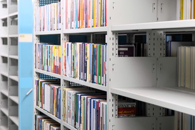 Shelves – some full, some still empty – in the compact units installed in our stacks in Frankfurt am Main