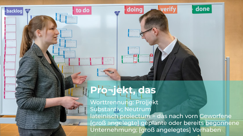 Workshop-Teilnehmer bei der Präsentation einer Prozesssteuereung nach der Kanban-Methode; daneben ein Wörterbucheintrag zu „Projekt, das“  Workshop-Teilnehmer bei der Präsentation einer Prozesssteuereung nach der Kanban-Methode; daneben ein Wörterbucheintrag zu „Projekt, das“