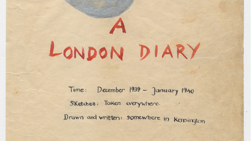 Ausschnitt der illustrierten Titelseite des London Diary von Lili Cassel. Ein zeichnendes Mädchen sitzt zwischen Wolken vermutlich auf einem Sperrballon zur Abwehr von Luftangriffen. Die Illustrationen sind mit Tusche und Wasserfarben gemalt.