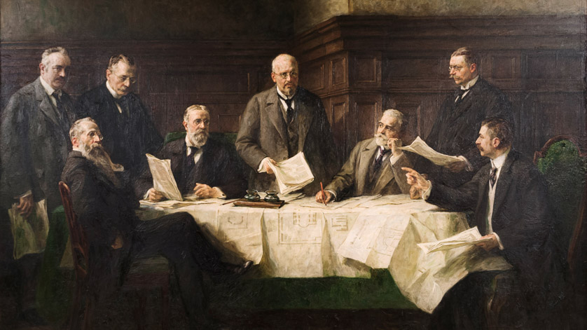 Der Erste Geschäftsführende Ausschuss der Deutschen Bücherei, Gemälde von Hugo Vogel v.l.n.r.: A.Seemann, R.Dittrich, K.Siegesmund, H.Paalzow (stehend), E.Ehlermann, M.O.Schröder, K.Boyzen, A.Meiner (sitzend) Der Erste Geschäftsführende Ausschuss der Deutschen Bücherei, Gemälde von Hugo Vogel v.l.n.r.: A.Seemann, R.Dittrich, K.Siegesmund, H.Paalzow (stehend), E.Ehlermann, M.O.Schröder, K.Boyzen, A.Meiner (sitzend)