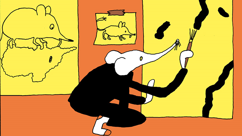 Zeichnung einer Maus, die mit Pinsel auf eine Leinwand malt. Im Hintergrund sind weitere Bilder mit Mäusen zu sehen. Zeichnung einer Maus, die mit Pinsel auf eine Leinwand malt. Im Hintergrund sind weitere Bilder mit Mäusen zu sehen.