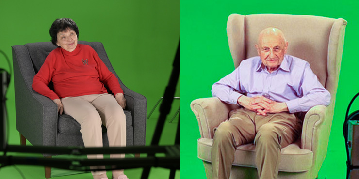 Fotocollage, links Inge Auerbacher, rechts Kurt S. Meier; jeweils in einem Sessel sitzend