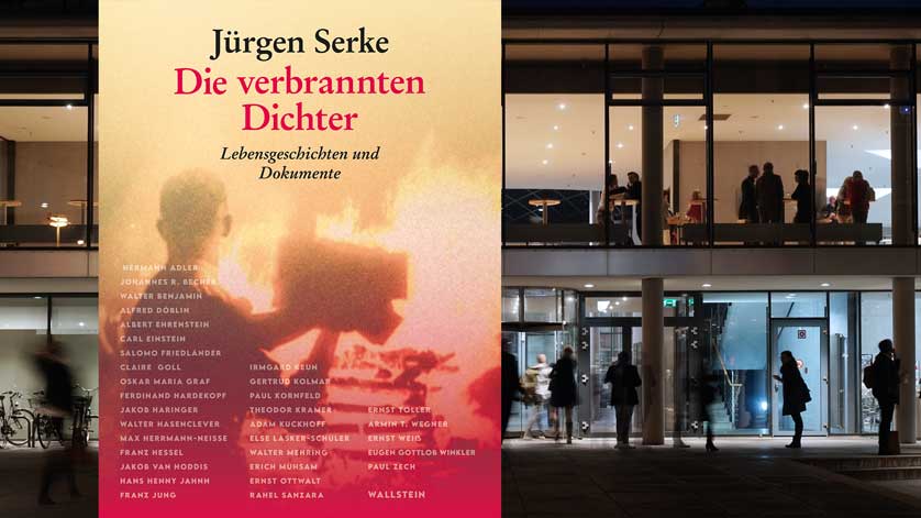 Buchcover „Die verbrannten Dichter“. Im Hintergrund ist die Deutsche Nationalbibliothek zu sehen. 