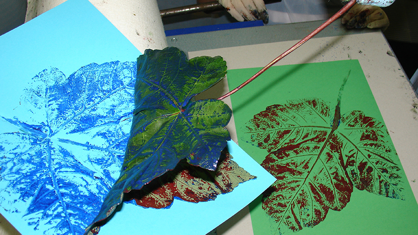 Im Museum zum Mitmachen "Naturdruck" werden Blätter von Laubbäumen eingefärbt und auf buntes Papier gedruckt Im Museum zum Mitmachen "Naturdruck" werden Blätter von Laubbäumen eingefärbt und auf buntes Papier gedruckt