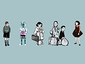 Zeichnung, die sieben Kinder als Comic-Figuren zeigt. Zeichnung, die sieben Kinder als Comic-Figuren zeigt.
