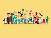 Illustration zum Bundesweiten Vorlesetag mit bunten Figuren, die gemeinsam einem Vorleser zuhören auf gelbem Hintergrund. Illustration zum Bundesweiten Vorlesetag mit bunten Figuren, die gemeinsam einem Vorleser zuhören auf gelbem Hintergrund.