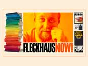 Links ist ein Bücherstapel; in der Mitte eine Fotografie eines Mannes darunter der Text „Fleckhaus Now!“ und rechts Magazincover. Links ist ein Bücherstapel; in der Mitte eine Fotografie eines Mannes darunter der Text „Fleckhaus Now!“ und rechts Magazincover.