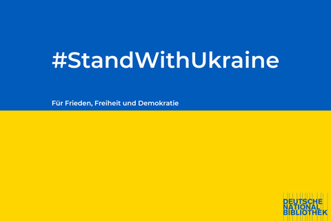 Nationalflagge der Ukraine, darüber gelegt der Hashtag StandWithUkraine und das Bekenntnis "Für Frieden, Freiheit und Demokratie" Nationalflagge der Ukraine, darüber gelegt der Hashtag StandWithUkraine und das Bekenntnis "Für Frieden, Freiheit und Demokratie"