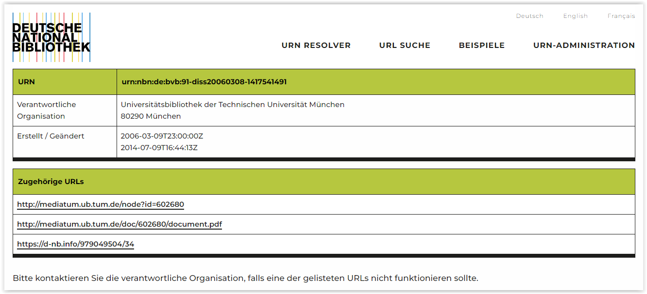 Screenshot des URN:NBN Resolvers für Deutschland und Schweiz Screenshot des URN:NBN Resolvers für Deutschland und Schweiz