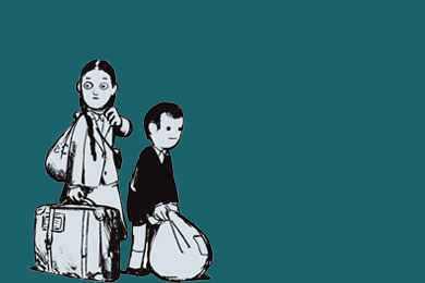 Cut Out der Comicfigur von Elisabeth Calvelli-Adorno zur Ausstellung „Kinderemigration aus Frankfurt Cut Out der Comicfigur von Elisabeth Calvelli-Adorno zur Ausstellung „Kinderemigration aus Frankfurt