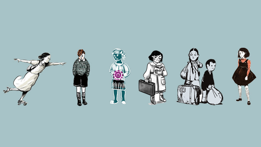 Sechs Comicfiguren, die Kinder aus der Ausstellung „Kinderemigration aus Frankfurt“ zeigen. Sechs Comicfiguren, die Kinder aus der Ausstellung „Kinderemigration aus Frankfurt“ zeigen.