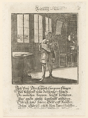 Der Zeitungsnarr. Kupferstich von Christoph Weigel. In: Hundert Ausbündige Narren in Folio. Nürnberg 1709