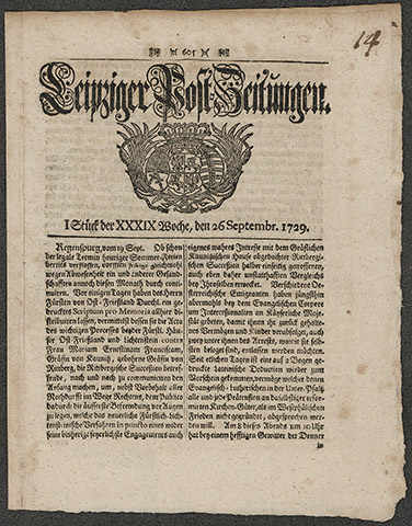 Leipziger Post-Zeitungen vom 26.09.1729. Diese Zeitung erschien unter wechselnden Titeln von 1665 bis 1918.