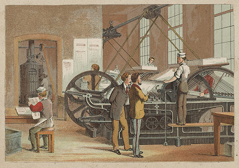 Dampfbetriebene Schnellpresse mit Bogenmagazin. Die Kraftübertragung erfolgt über Transmission. Kolorierte Lithografie um 1865