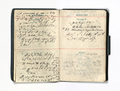 Doppelseite aus dem Tagebuch von Leo Perutz. Einträge vom 03.-05. März in Gabelsberger Kurzschrift.