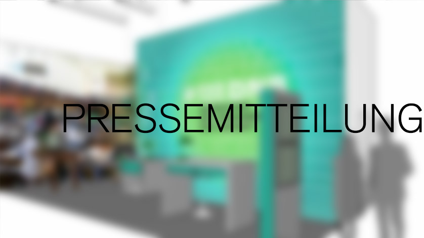 Messestand, darübergelegt das Wort Pressemitteilung Messestand, darübergelegt das Wort Pressemitteilung