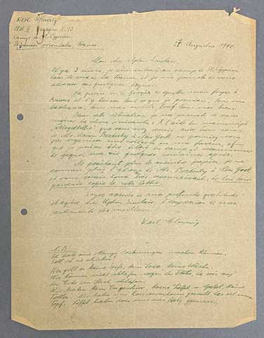 Brief Karl Schwesigs an den Schriftsteller Upton Sinclair vom 27.8.1940 aus dem Internierungslager St.Cyprien.