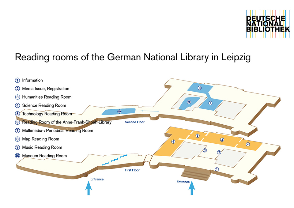 Plan showing the locations of the eight reading rooms at the German National Library in Leipzig Plan showing the locations of the eight reading rooms at the German National Library in Leipzig