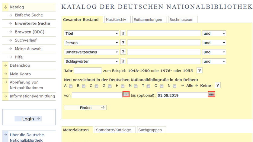 Screenshot from the search form of the catalogue of the German National Library