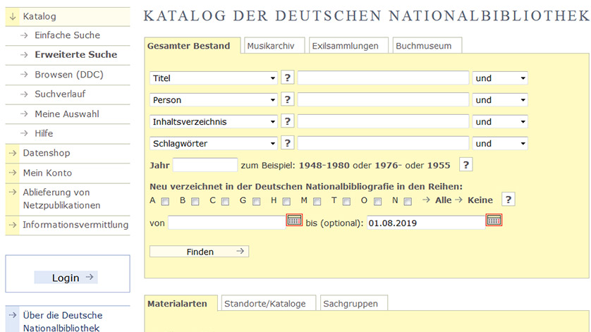 Screenshot from the search form of the catalogue of the German National Library Screenshot from the search form of the catalogue of the German National Library