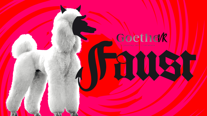 Goethe VR - Appearance with white poodle, black lettering and red background Goethe VR - Appearance with white poodle, black lettering and red background