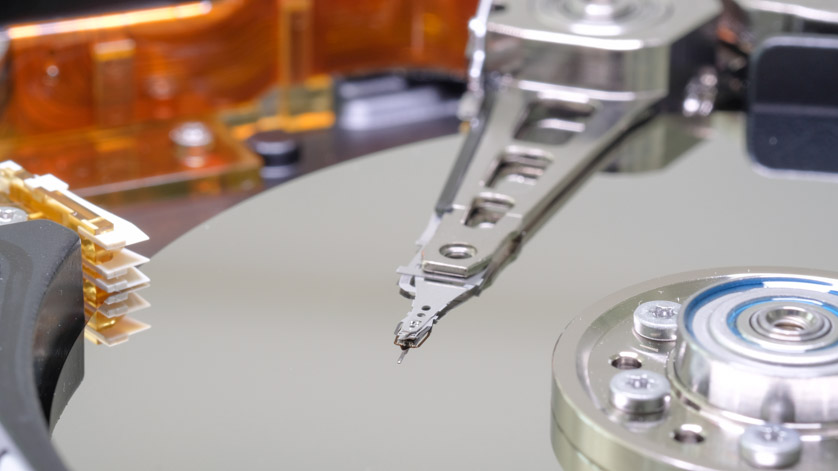 Detailed view of an open computer hard drive
