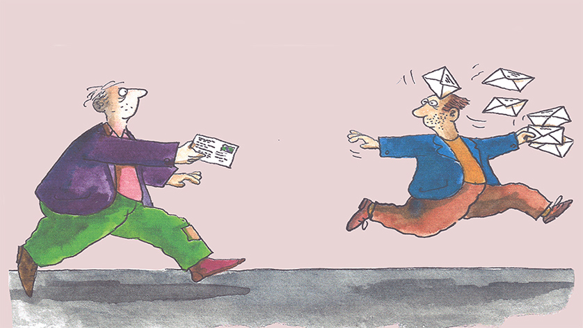 Drawing of two men running, one of them throwing lots of postcards into the air, the other running behind with a postcard in his hand. Drawing of two men running, one of them throwing lots of postcards into the air, the other running behind with a postcard in his hand.