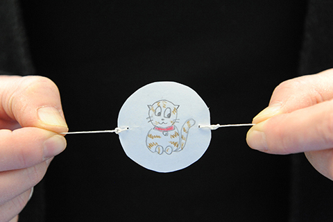 Fingers holding a flip book stretched on a thread showing the image of a tabby kitten Fingers holding a flip book stretched on a thread showing the image of a tabby kitten