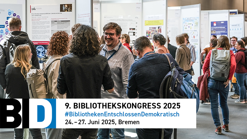 Logo of the 9th Library Congress, Logo of the 9th Congress, in the background people in front of display boards Logo of the 9th Library Congress, Logo of the 9th Congress, in the background people in front of display boards