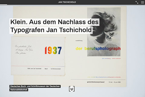 Homepage of the virtual exhibition “Small. From the estate of typographer Jan Tschichold“. On the left a New Year's card dating from 1937, on the right a photograph of a woman with the words “der berufsphotograph” superimposed in colourful lettering.