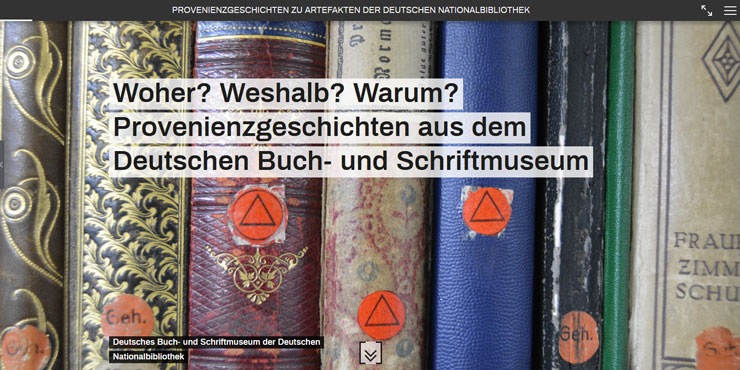 Landing page of the virtual exhibition with the title. The spines of books can be seen in the background. A round red sticker with a black triangle has been affixed to each of them.