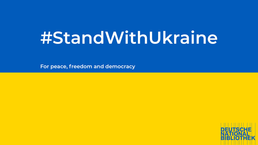 National flag of Ukraine, placed above the hashtag StandWithUkraine and the commitment “For Peace, Freedom and Democracy”