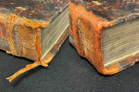 Example of a book from the historical collection, before and after restoration