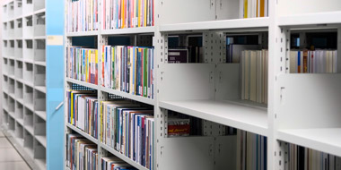 Shelves – some full, some still empty – in the compact units installed in our stacks in Frankfurt am Main