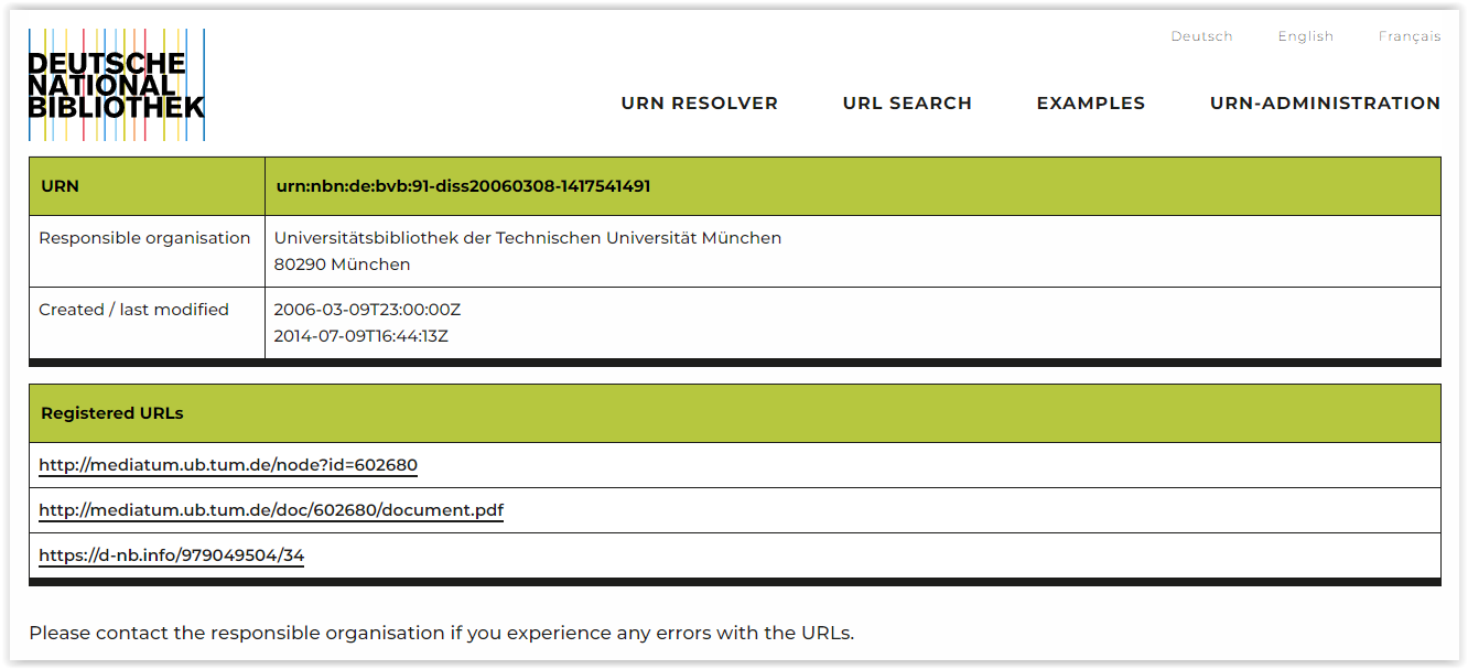 Screenshot URN:NBN Resolver for Germany and Switzerland Screenshot URN:NBN Resolver for Germany and Switzerland