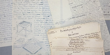 Six pages of various hand-written and typewritten letters; some with sketches