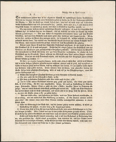 Circular from Paul Gotthelf Kummer with the suggestion of renting rooms in the Richtersches Kaffeehaus (what is today the Romanushaus) from which to conduct the book traders’ payment-clearing work for the Easter Fair. Leipzig, 4.4.1792.  Circular from Paul Gotthelf Kummer with the suggestion of renting rooms in the Richtersches Kaffeehaus (what is today the Romanushaus) from which to conduct the book traders’ payment-clearing work for the Easter Fair. Leipzig, 4.4.1792.