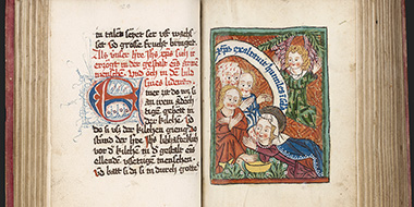 Medieval manuscript with texts about St. Elizabeth of Thuringia and graphic illustrations