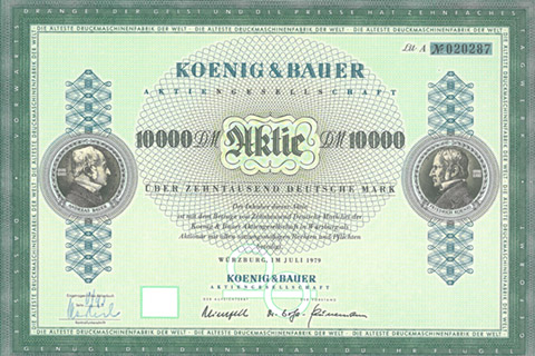 Aktie über 10.000 DM auf grünem Papier, umrandet von zwei Porträts, Schriftzüge König und Bauer
