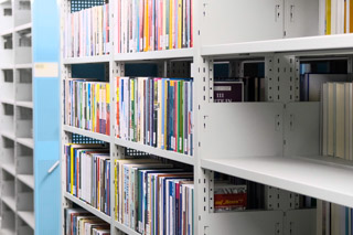 Shelves – some full, some still empty – in the compact units installed in our stacks in Frankfurt am Main.