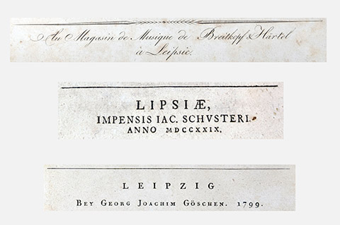 Drei Schreibweisen des Verlagsortes Leipzig in historischen Publikationen aus dem Bestand des Museums. Drei Schreibweisen des Verlagsortes Leipzig in historischen Publikationen aus dem Bestand des Museums.